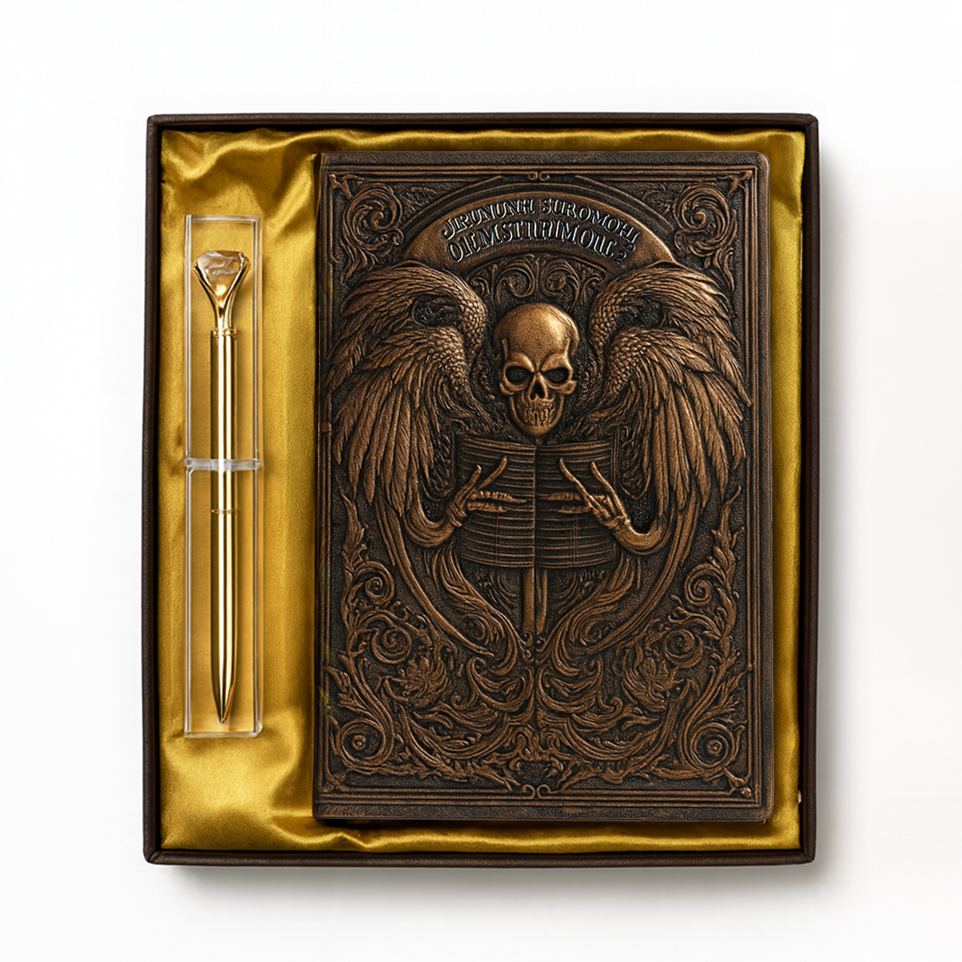 Eternal Requiem – Deathnote Guardian Skull 3D Embossed Vintage Leather Journal Notebook with Golden Diamond Ball Pen (Limited Edition)