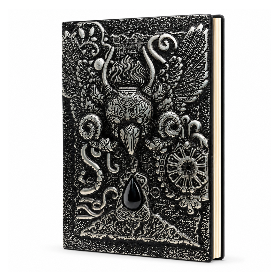 The Owl Head Silver with Blue Gem 3D Embossed Vintage Leather Journal Notebook (Limited Edition)