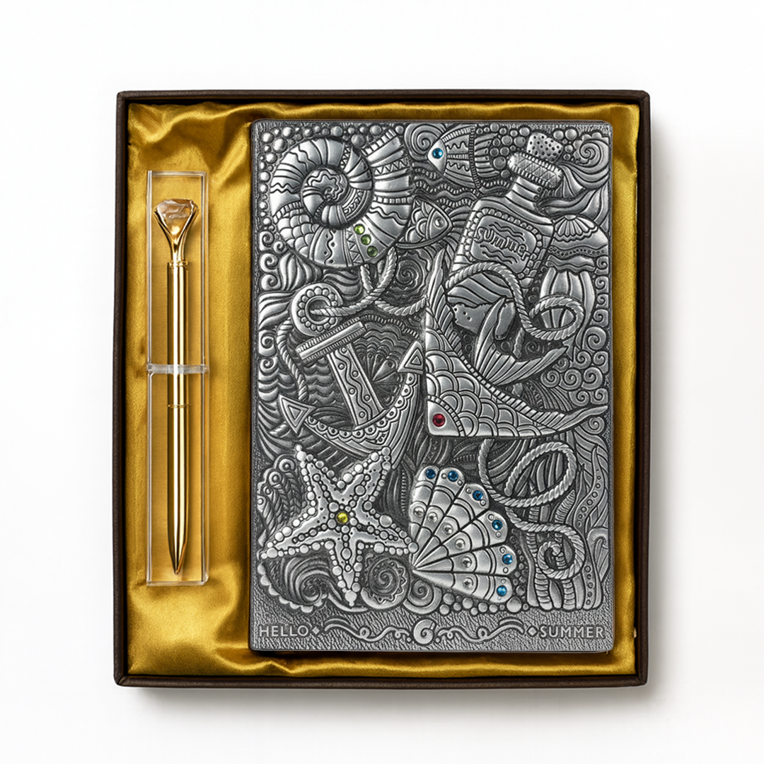 Oceanic Dreams – Underwater Sea 3D Embossed Vintage Leather Journal Notebook with Golden Diamond Ball Pen (Limited Edition)