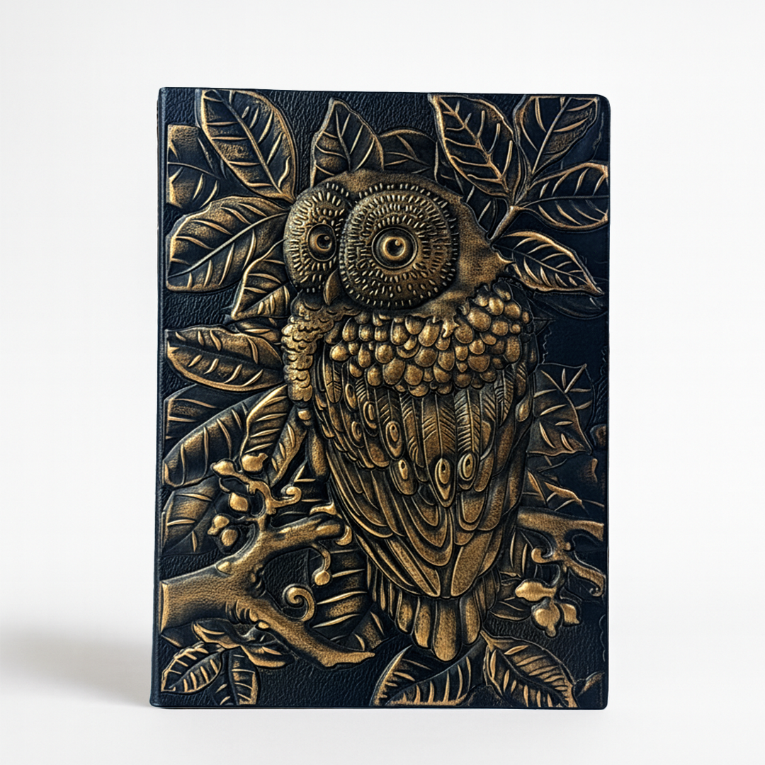 Mystic Wisdom – Owl 3D Embossed Vintage Leather Journal Notebook with Golden Diamond Ball Pen (Limited Edition)