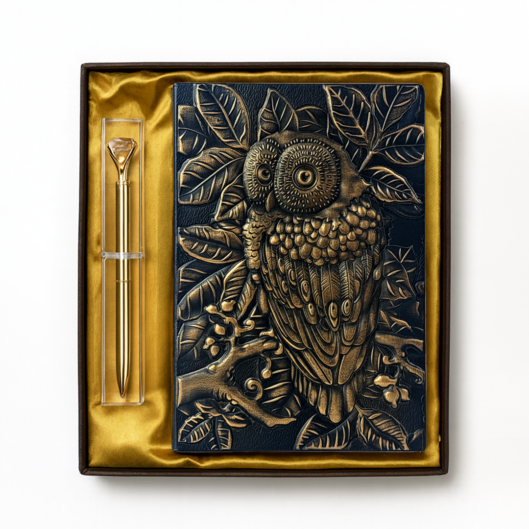 Mystic Wisdom – Owl 3D Embossed Vintage Leather Journal Notebook with Golden Diamond Ball Pen (Limited Edition)
