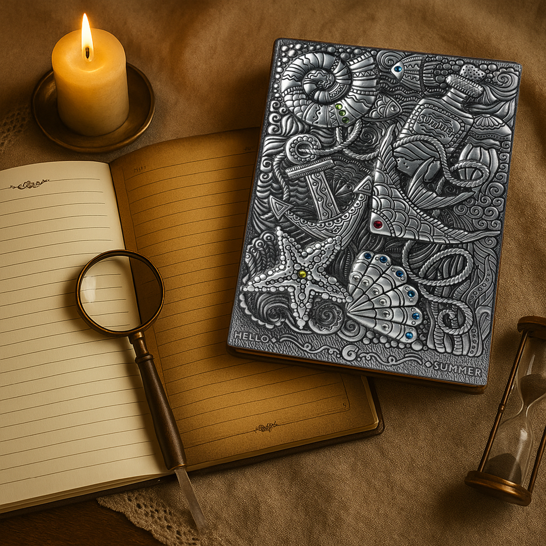 Oceanic Dreams – Underwater Sea 3D Embossed Vintage Leather Journal Notebook with Golden Diamond Ball Pen (Limited Edition)