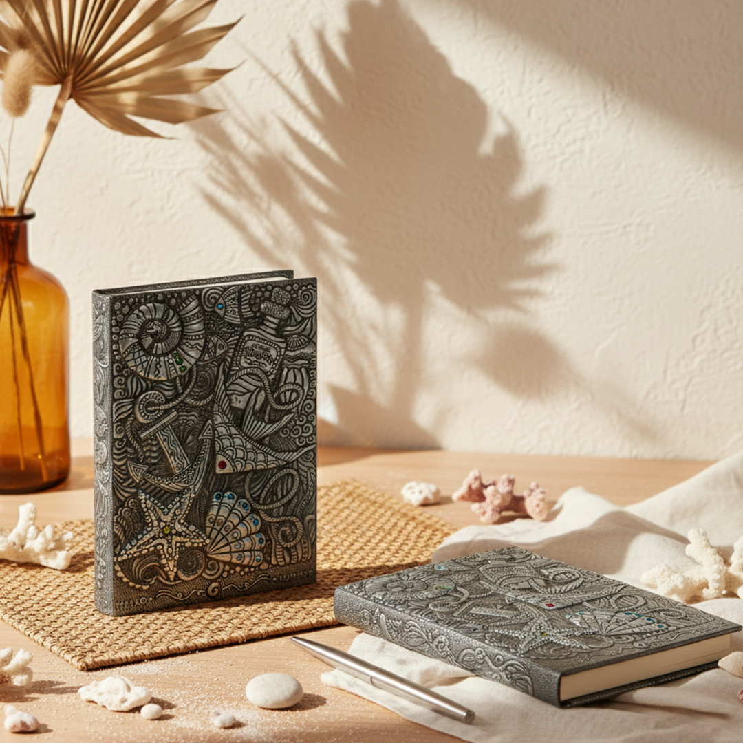 Oceanic Dreams – Underwater Sea 3D Embossed Vintage Leather Journal Notebook with Golden Diamond Ball Pen (Limited Edition)