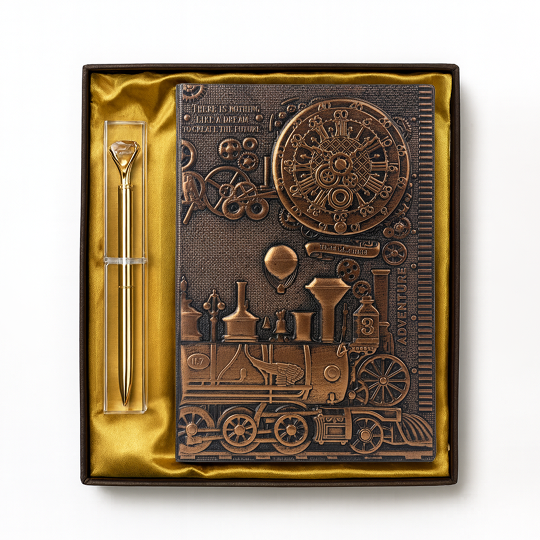 ChronoSoul – Time Machine 3D Embossed Vintage Leather Journal Notebook with Golden Diamond Ball Pen (Limited Edition)