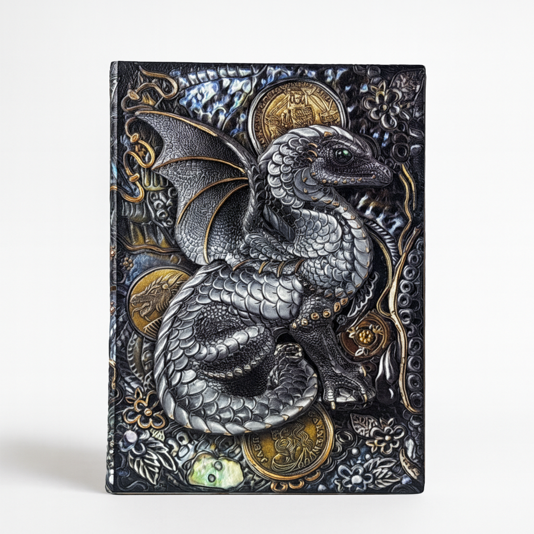 Draconic Realm – Colorful Dragon 3D Embossed Vintage Leather Journal Notebook with Golden Diamond Ball Pen (Limited Edition)