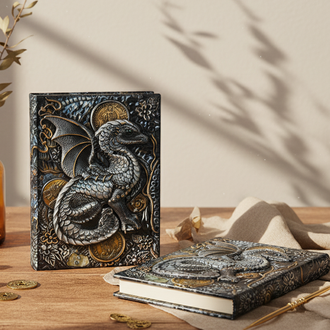 Draconic Realm – Colorful Dragon 3D Embossed Vintage Leather Journal Notebook with Golden Diamond Ball Pen (Limited Edition)