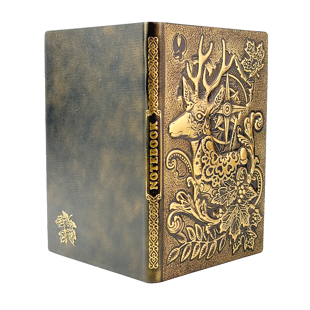 Elderhorn Spirit Reindeer 3D Embossed Vintage Leather Journal Notebook with Golden Diamond Ball Pen – Christmas Edition (Limited Edition)