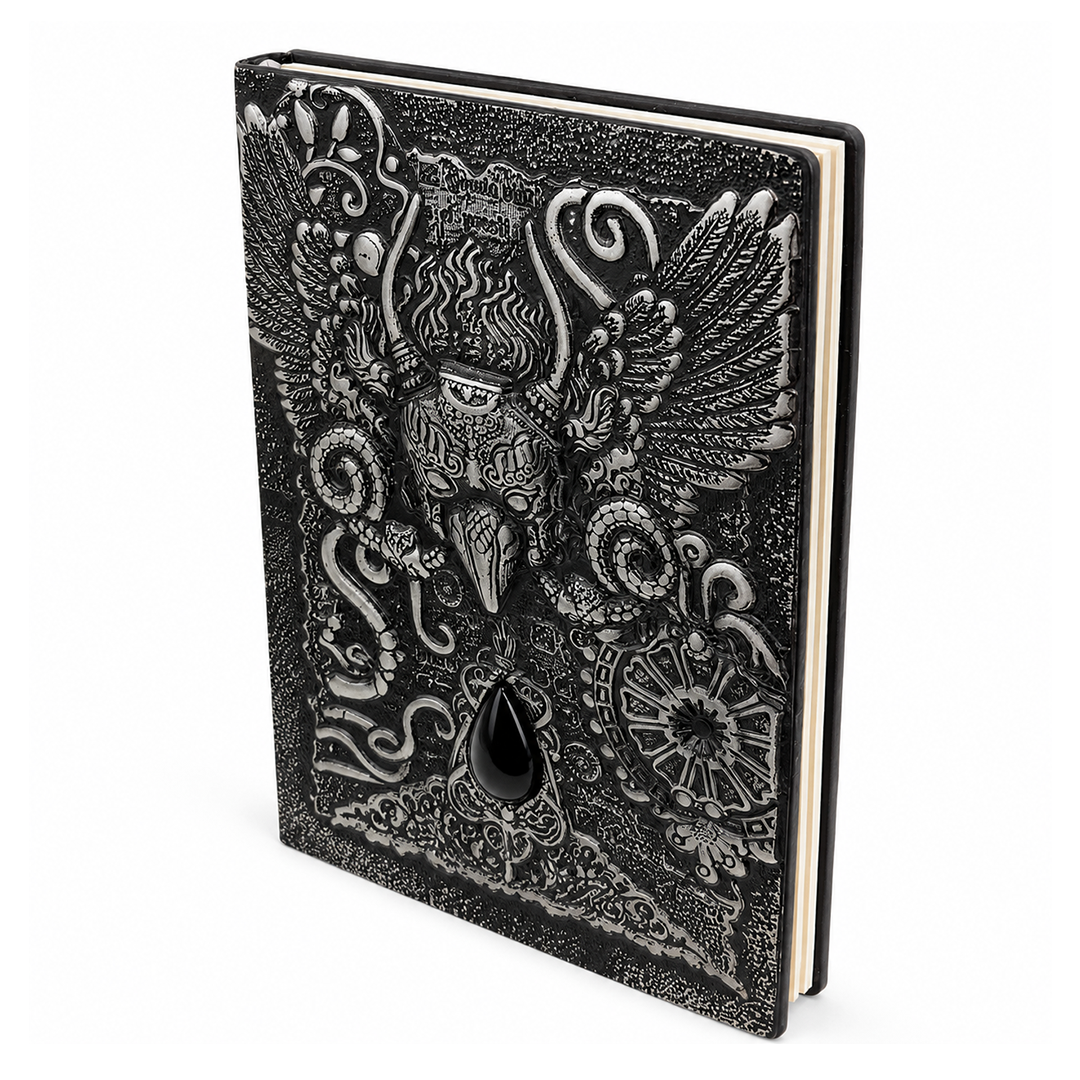 The Owl Head Silver with Blue Gem 3D Embossed Vintage Leather Journal Notebook (Limited Edition)