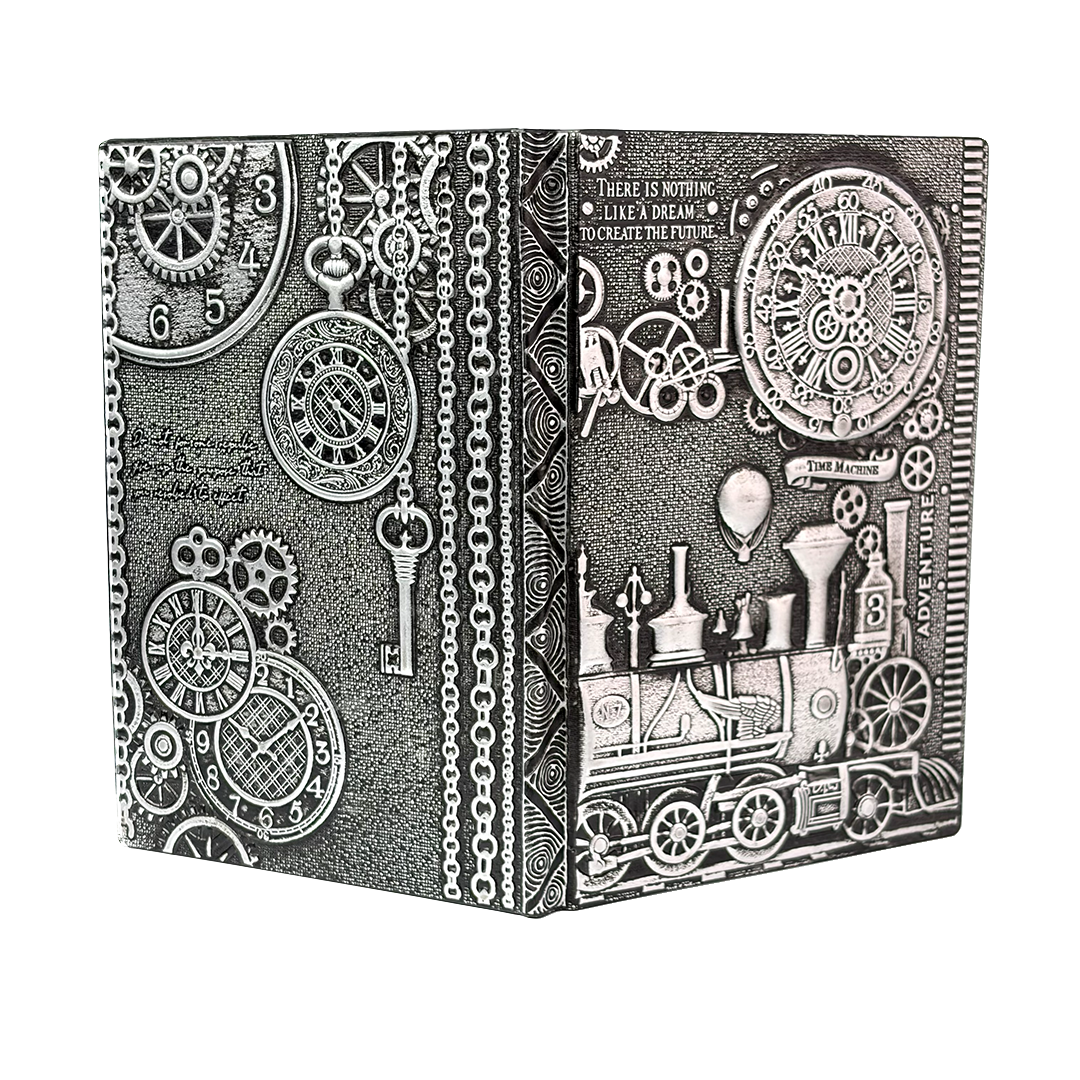 ChronoSoul – Time Machine Silver 3D Embossed Vintage Leather Journal Notebook with Golden Diamond Ball Pen (Limited Edition)