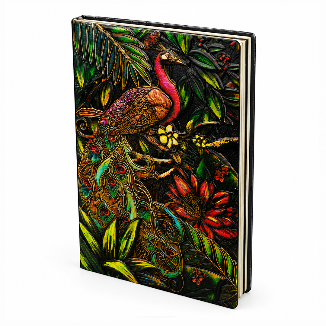 Majestic Plumage Colorful Peacock 3D Embossed Vintage Leather Journal Notebook (Limited Edition)