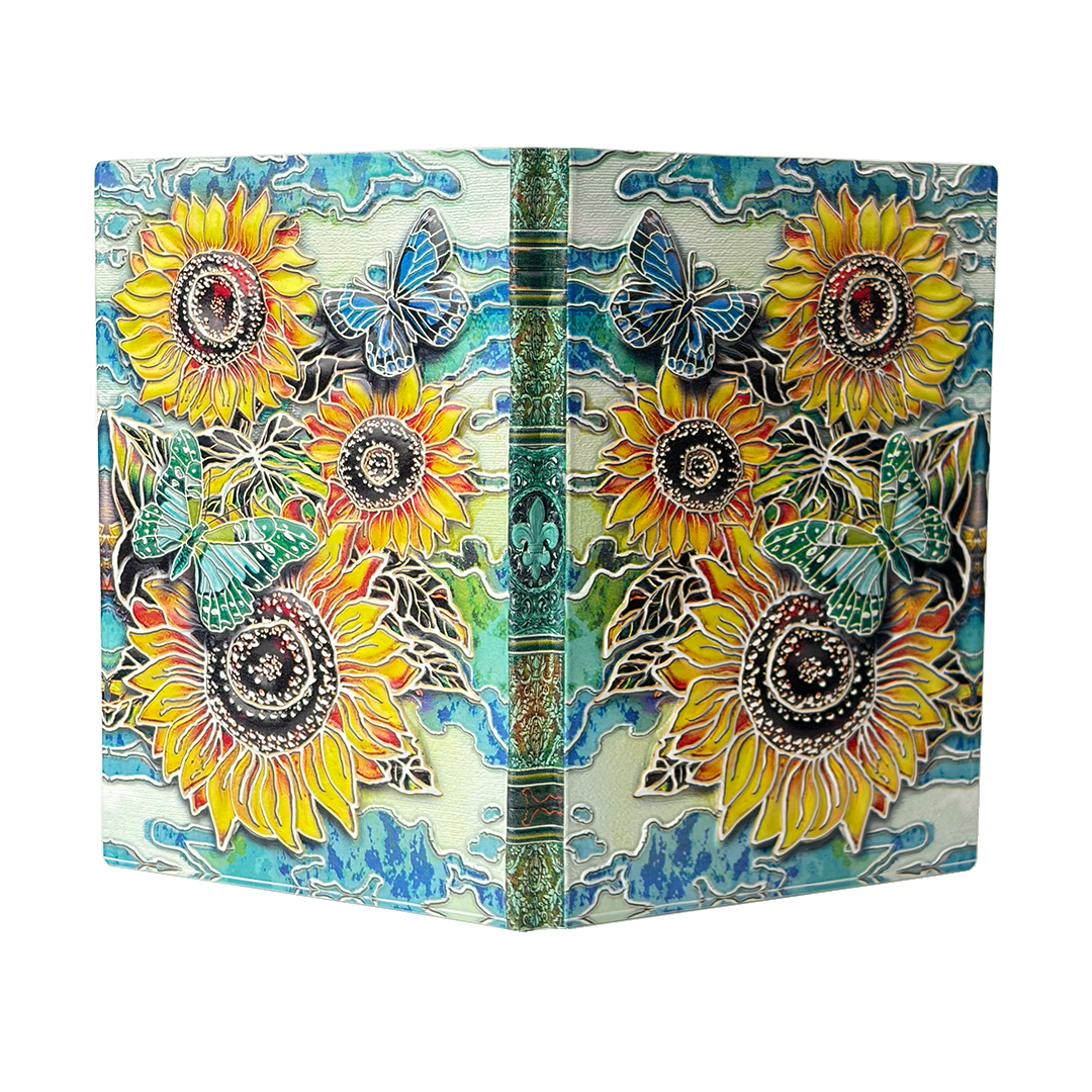 Radiant Bloom – Colorful Sunflower & Butterfly 3D Embossed Vintage Leather Journal Notebook with Golden Diamond Ball Pen (Limited Edition)