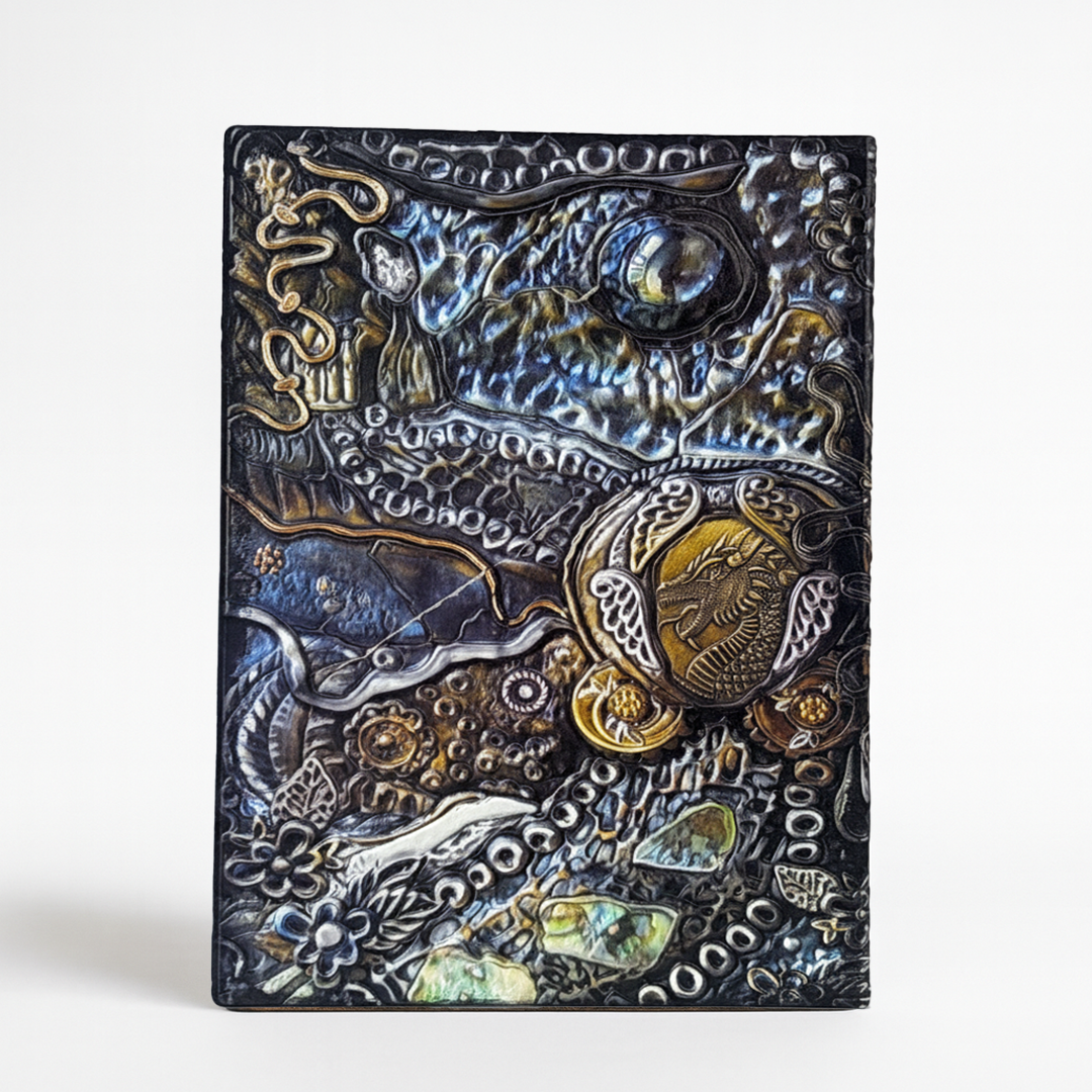 Draconic Realm – Colorful Dragon 3D Embossed Vintage Leather Journal Notebook with Golden Diamond Ball Pen (Limited Edition)