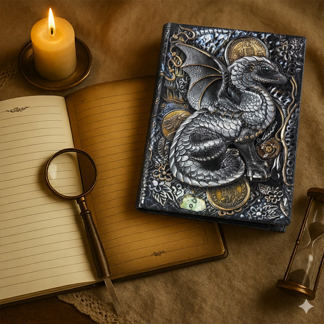 Draconic Realm – Colorful Dragon 3D Embossed Vintage Leather Journal Notebook with Golden Diamond Ball Pen (Limited Edition)