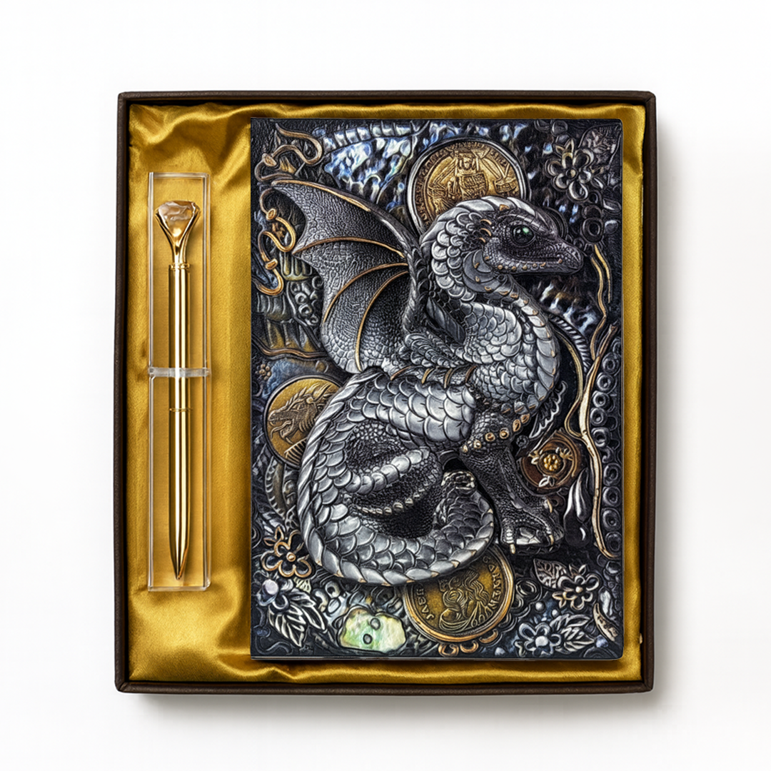Draconic Realm – Colorful Dragon 3D Embossed Vintage Leather Journal Notebook with Golden Diamond Ball Pen (Limited Edition)