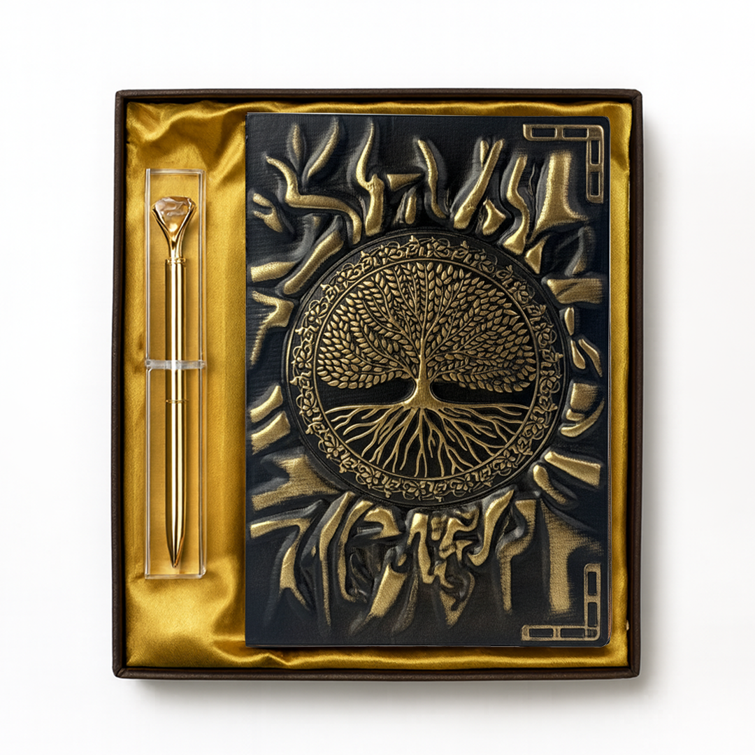 Eternal Radiance – Sun Tree 3D Embossed Vintage Leather Journal Notebook with Golden Diamond Ball Pen (Limited Edition)