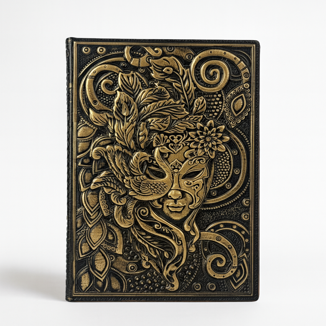 Bronze Queen Enchanted Masquerade 3D Embossed Vintage Leather Journal Notebook with Golden Diamond Ball Pen (Limited Edition)
