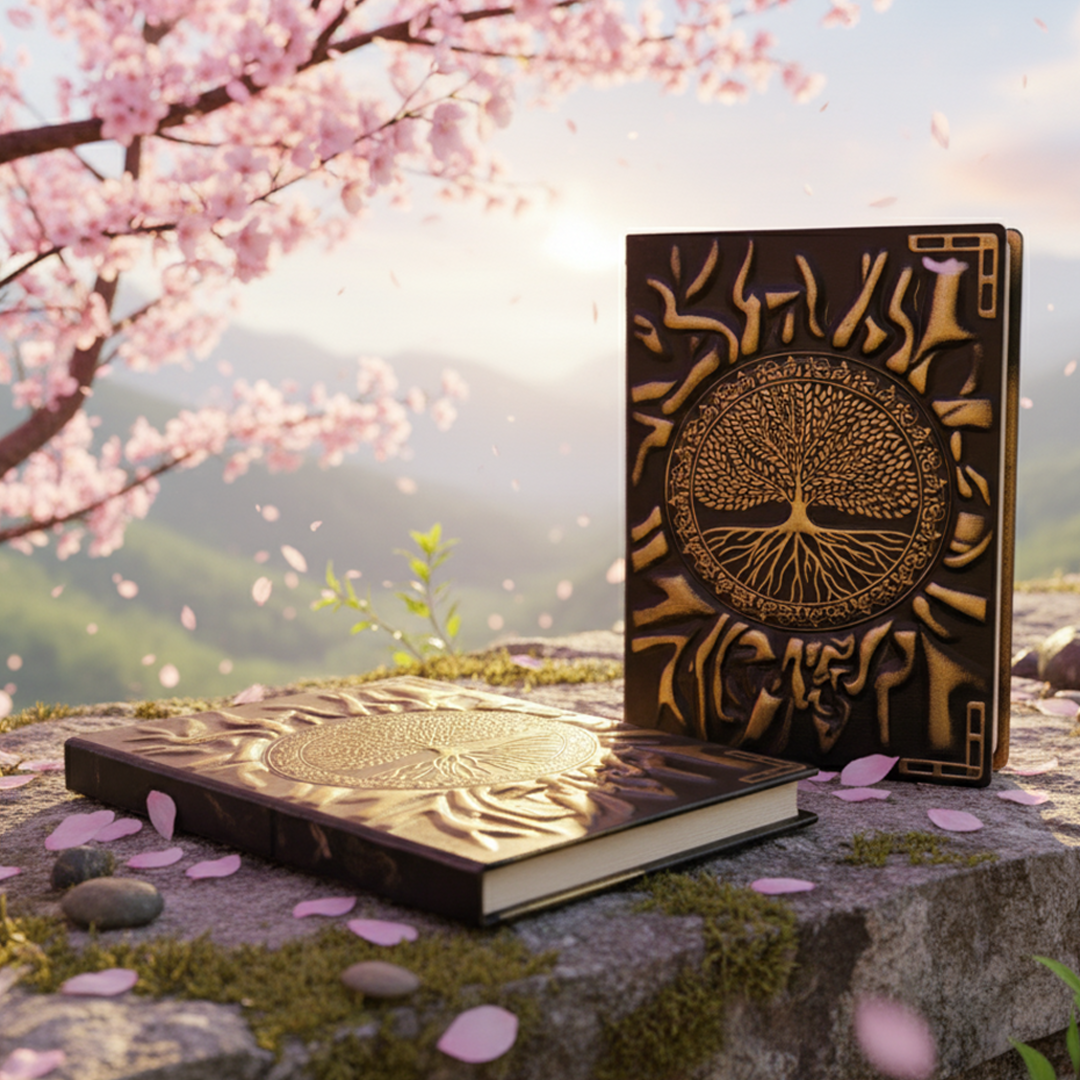 Eternal Radiance – Sun Tree 3D Embossed Vintage Leather Journal Notebook with Golden Diamond Ball Pen (Limited Edition)