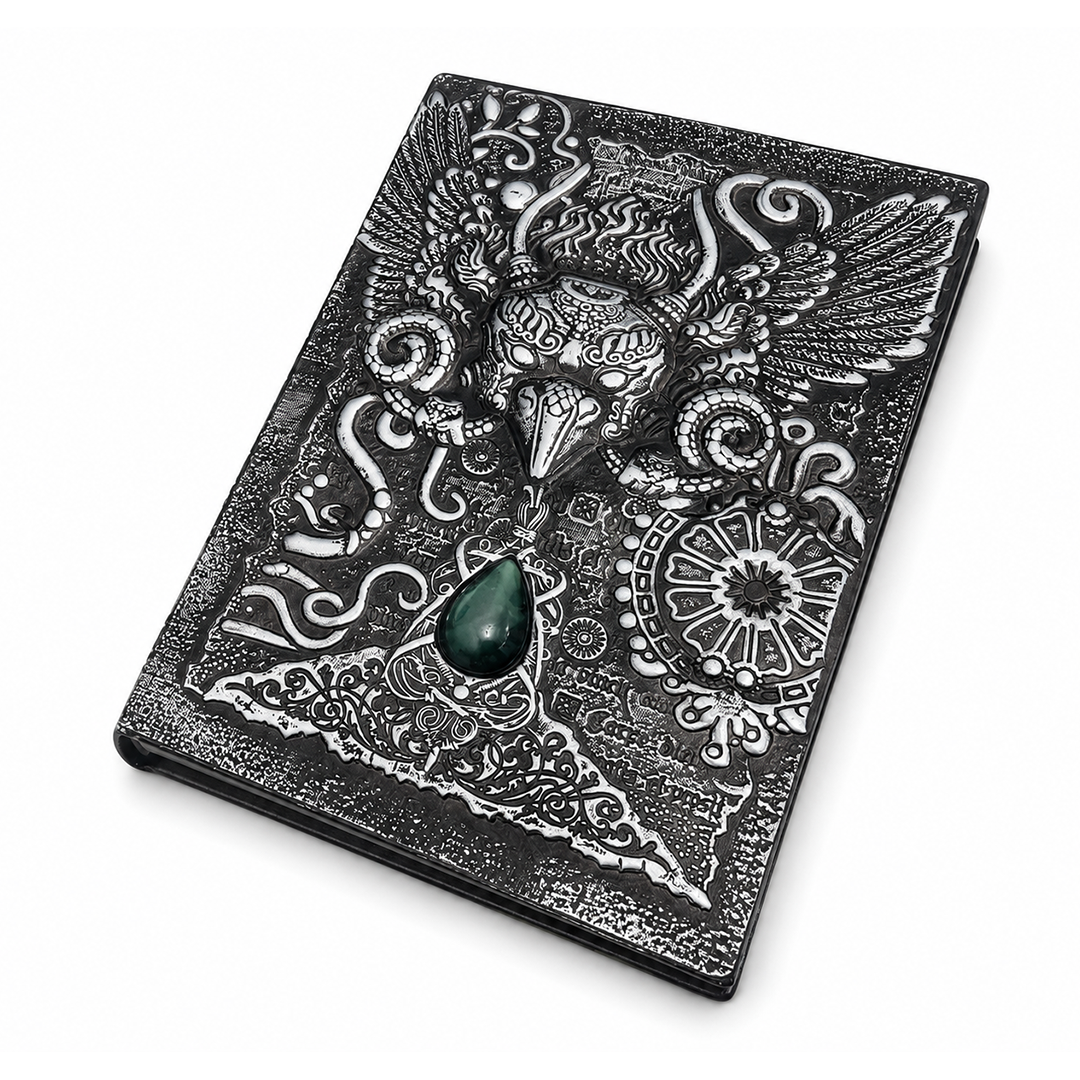 The Owl Head Silver with Blue Gem 3D Embossed Vintage Leather Journal Notebook (Limited Edition)