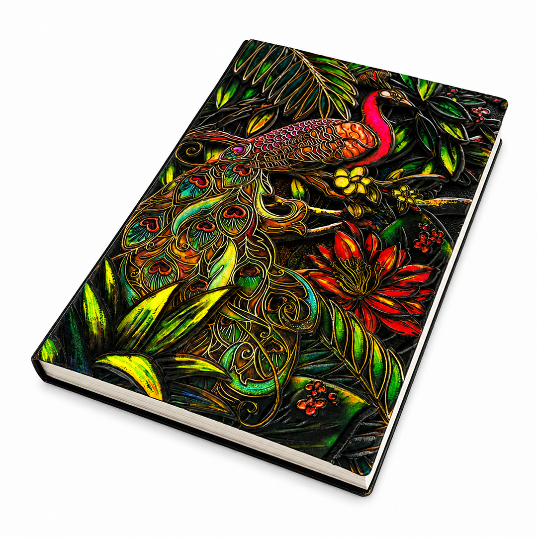 Majestic Plumage Colorful Peacock 3D Embossed Vintage Leather Journal Notebook (Limited Edition)