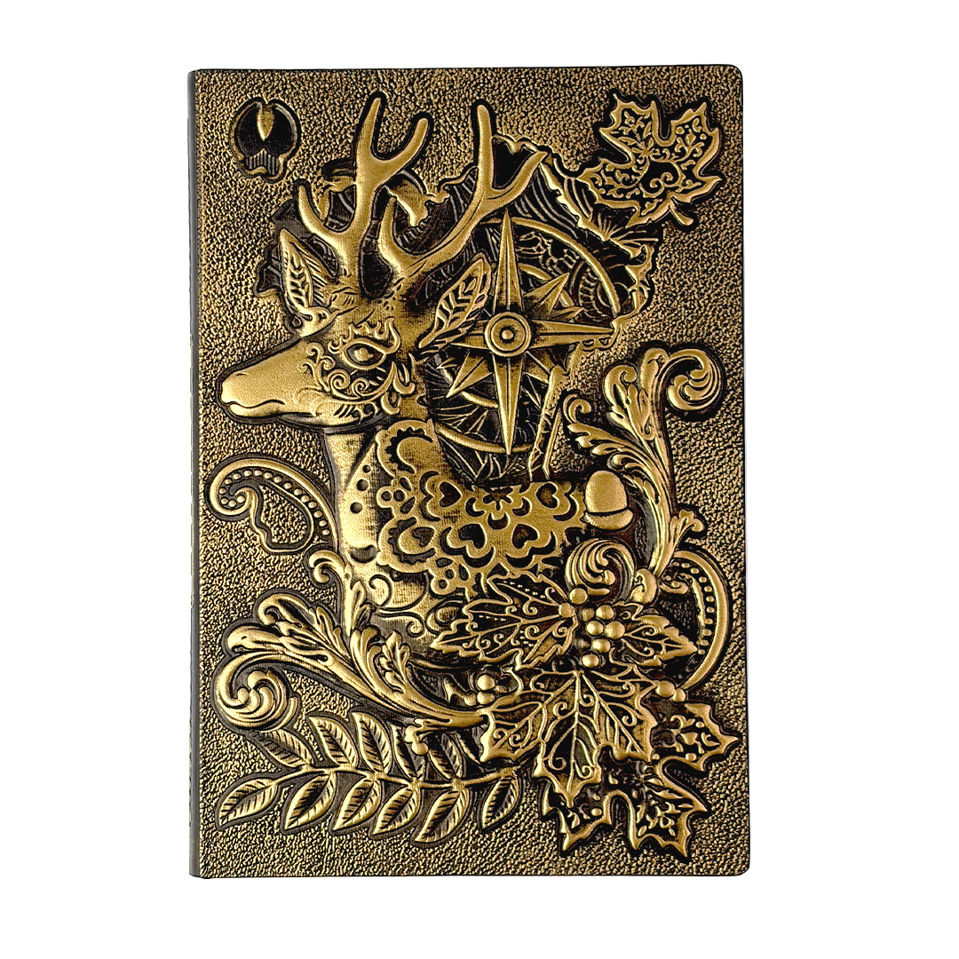Elderhorn Spirit Reindeer 3D Embossed Vintage Leather Journal Notebook with Golden Diamond Ball Pen – Christmas Edition (Limited Edition)