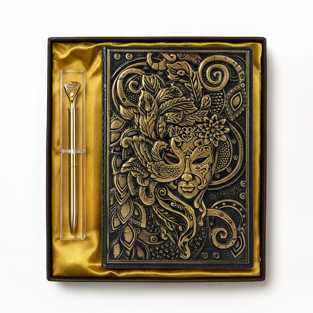 Bronze Queen Enchanted Masquerade 3D Embossed Vintage Leather Journal Notebook with Golden Diamond Ball Pen (Limited Edition)