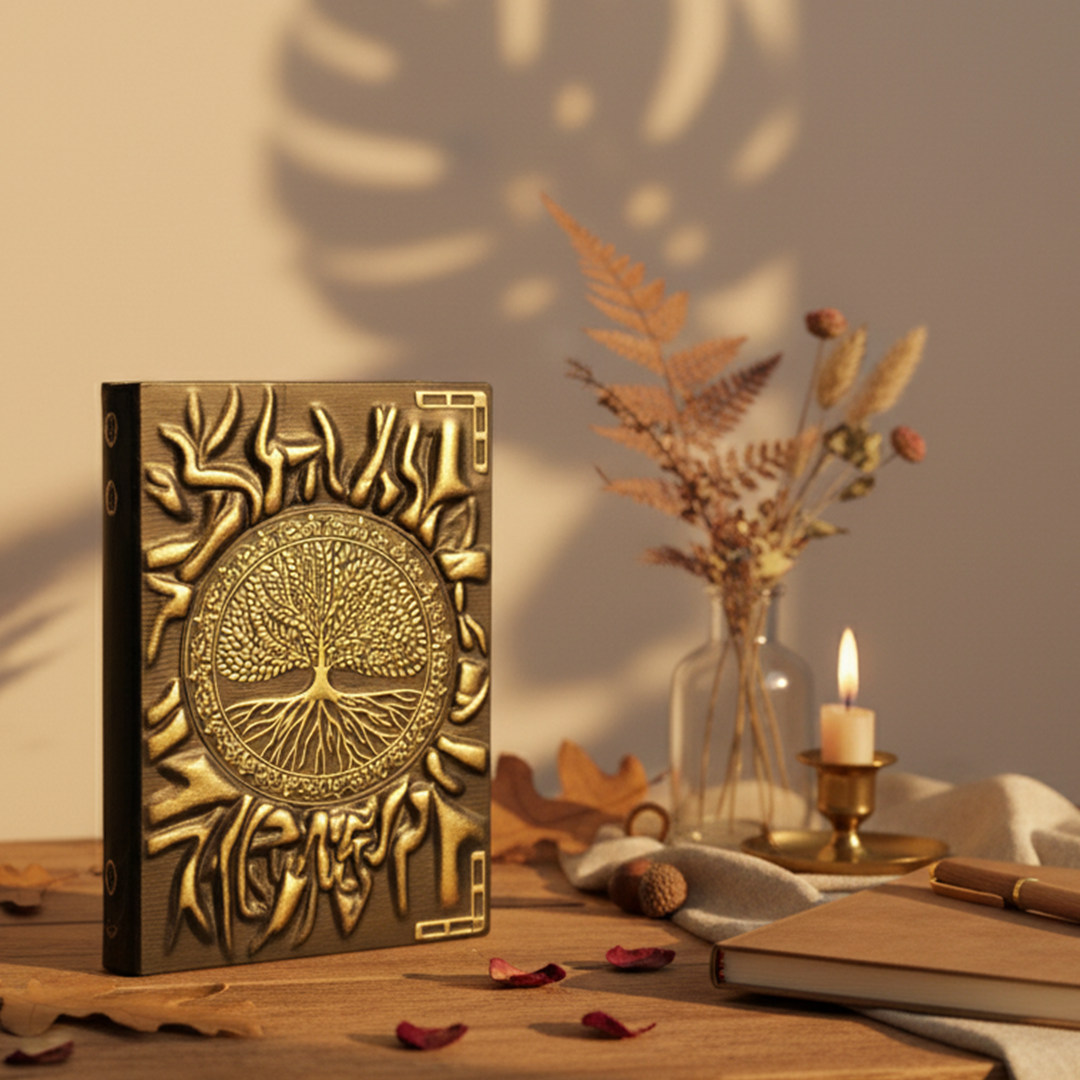 Eternal Radiance – Sun Tree 3D Embossed Vintage Leather Journal Notebook with Golden Diamond Ball Pen (Limited Edition)