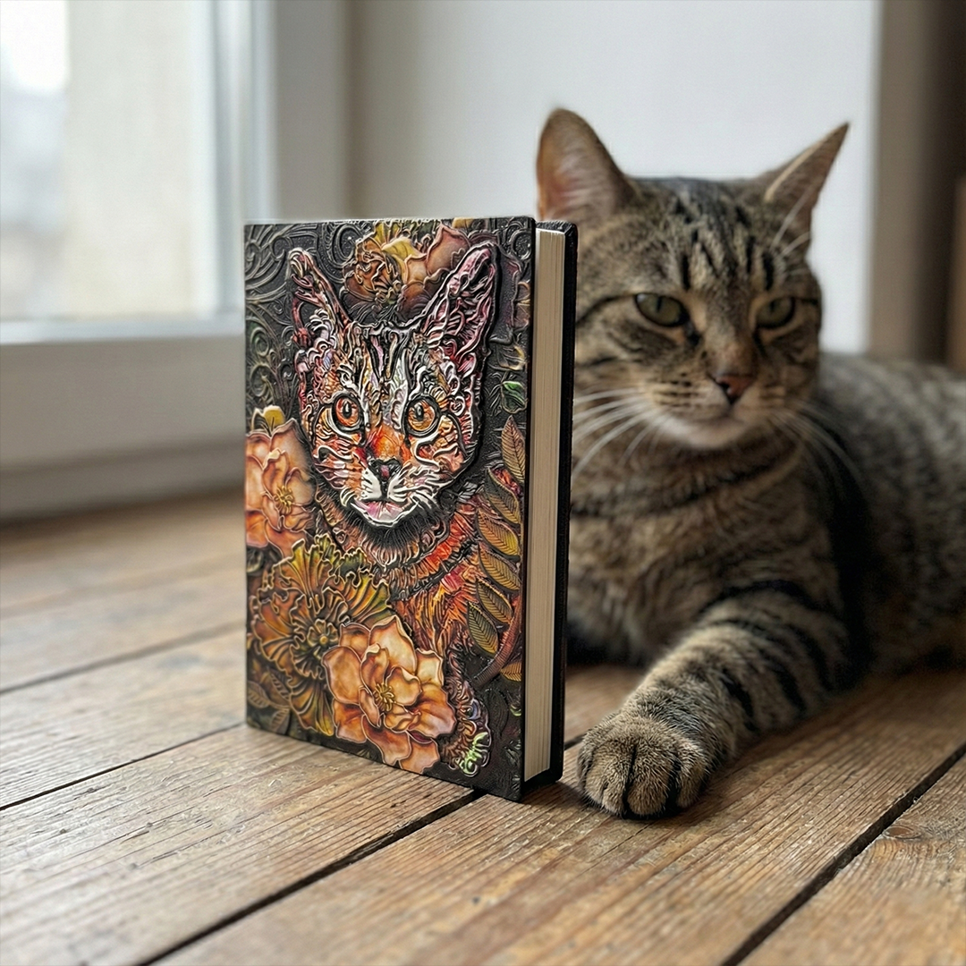 Whiskered Reverie Cat 3D Embossed Vintage Leather Journal Notebook with Golden Diamond Ball Pen (Limited Edition)