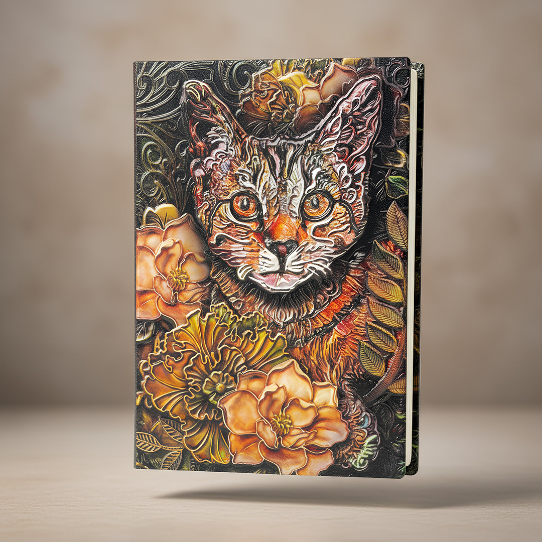 Whiskered Reverie Cat 3D Embossed Vintage Leather Journal Notebook with Golden Diamond Ball Pen (Limited Edition)