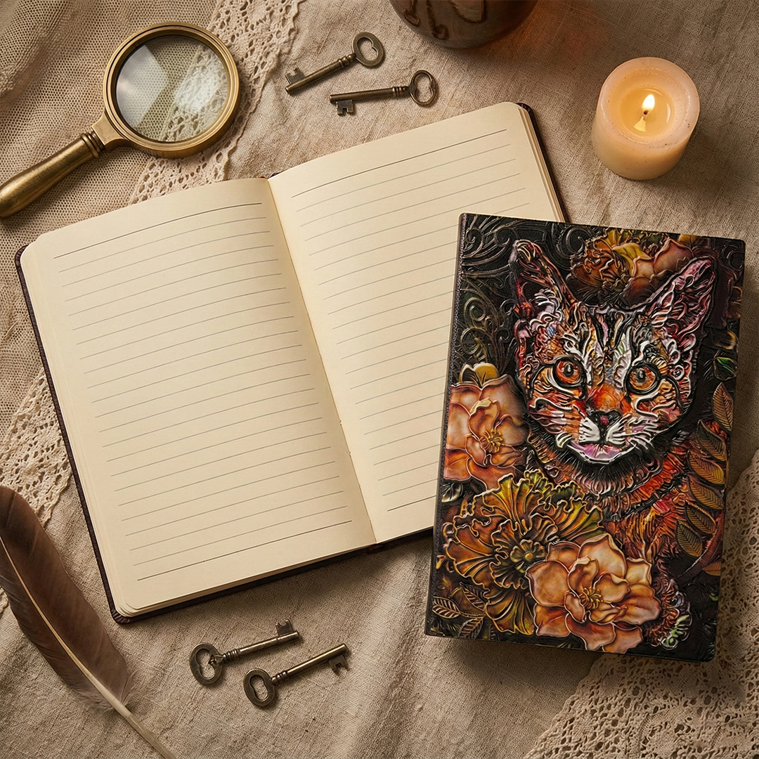 Whiskered Reverie Cat 3D Embossed Vintage Leather Journal Notebook with Golden Diamond Ball Pen (Limited Edition)