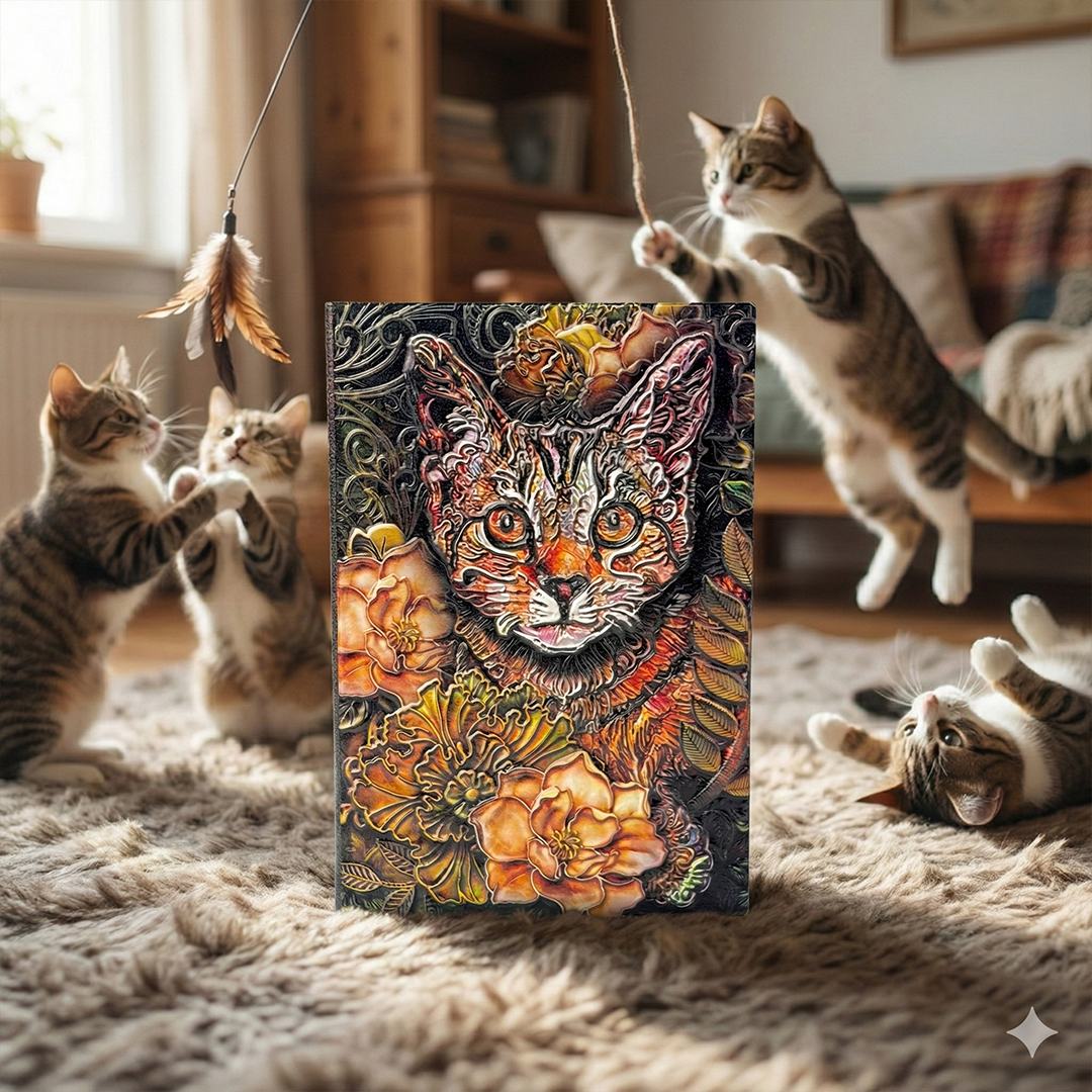 Whiskered Reverie Cat 3D Embossed Vintage Leather Journal Notebook with Golden Diamond Ball Pen (Limited Edition)