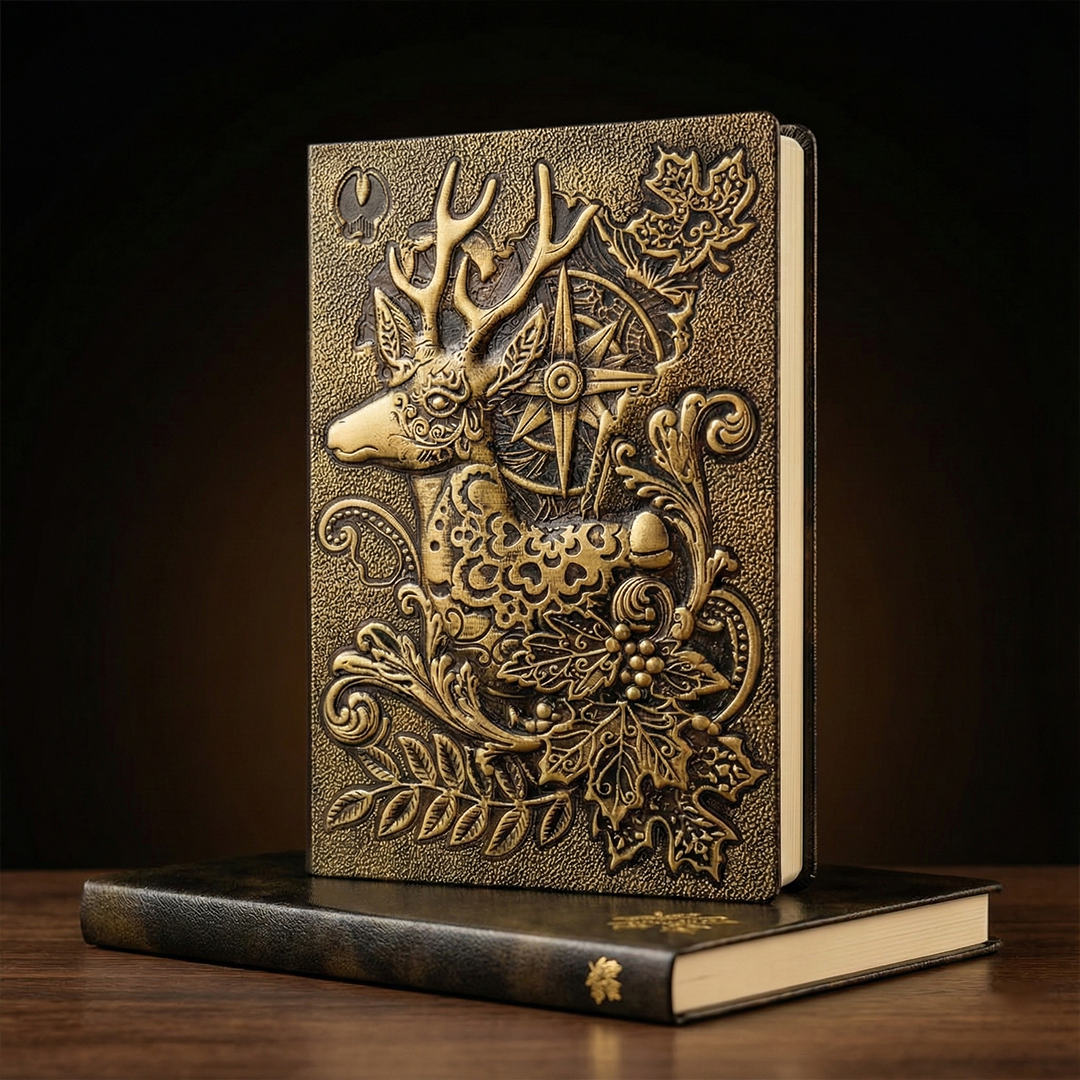 Elderhorn Spirit Reindeer 3D Embossed Vintage Leather Journal Notebook with Golden Diamond Ball Pen – Christmas Edition (Limited Edition)