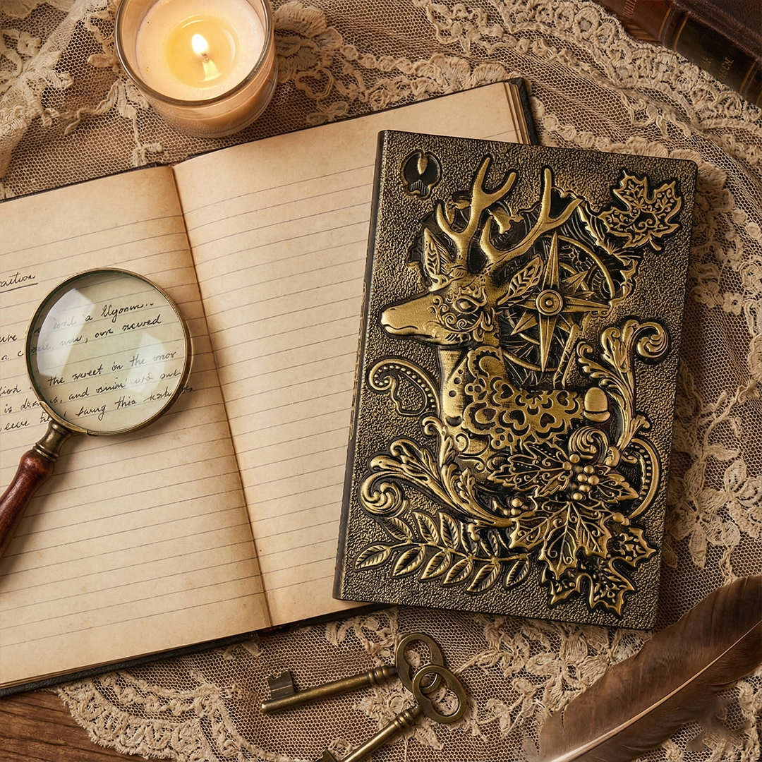Elderhorn Spirit Reindeer 3D Embossed Vintage Leather Journal Notebook with Golden Diamond Ball Pen – Christmas Edition (Limited Edition)