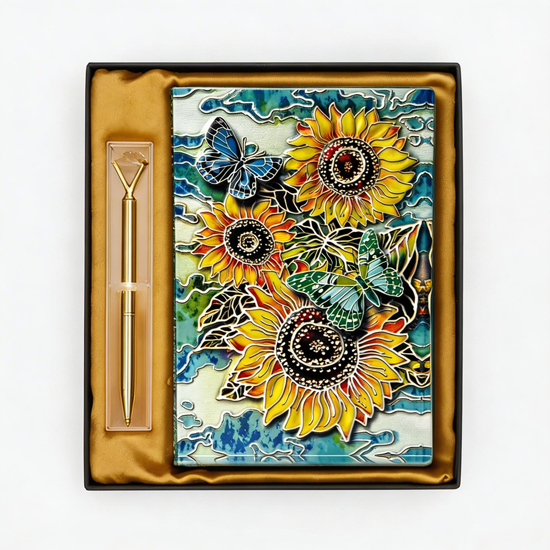 Radiant Bloom – Colorful Sunflower & Butterfly 3D Embossed Vintage Leather Journal Notebook with Golden Diamond Ball Pen (Limited Edition)