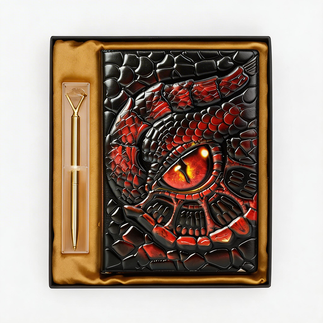 Abyssal Gaze – Fiery Turtle Eye Red 3D Embossed Vintage Leather Journal Notebook with Golden Diamond Ball Pen (Limited Edition)