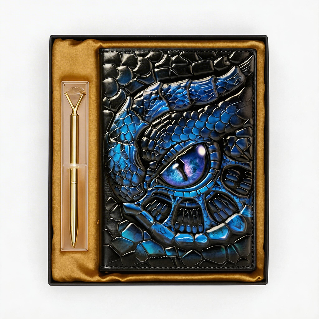 Abyssal Gaze – Icy Turtle Eye Blue 3D Embossed Vintage Leather Journal Notebook with Golden Diamond Ball Pen (Limited Edition)