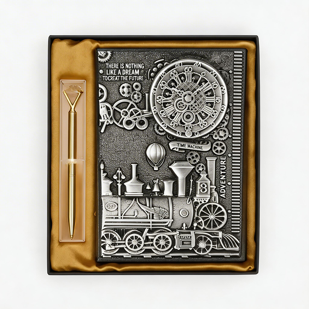 ChronoSoul – Time Machine Silver 3D Embossed Vintage Leather Journal Notebook with Golden Diamond Ball Pen (Limited Edition)