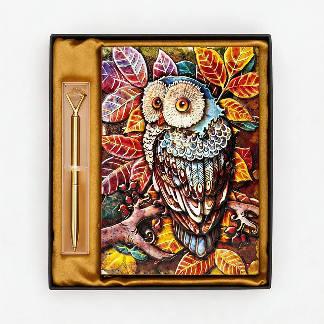 Mystic Nocturne – Colorful Owl 3D Embossed Vintage Leather Journal Notebook with Golden Diamond Ball Pen (Limited Edition)