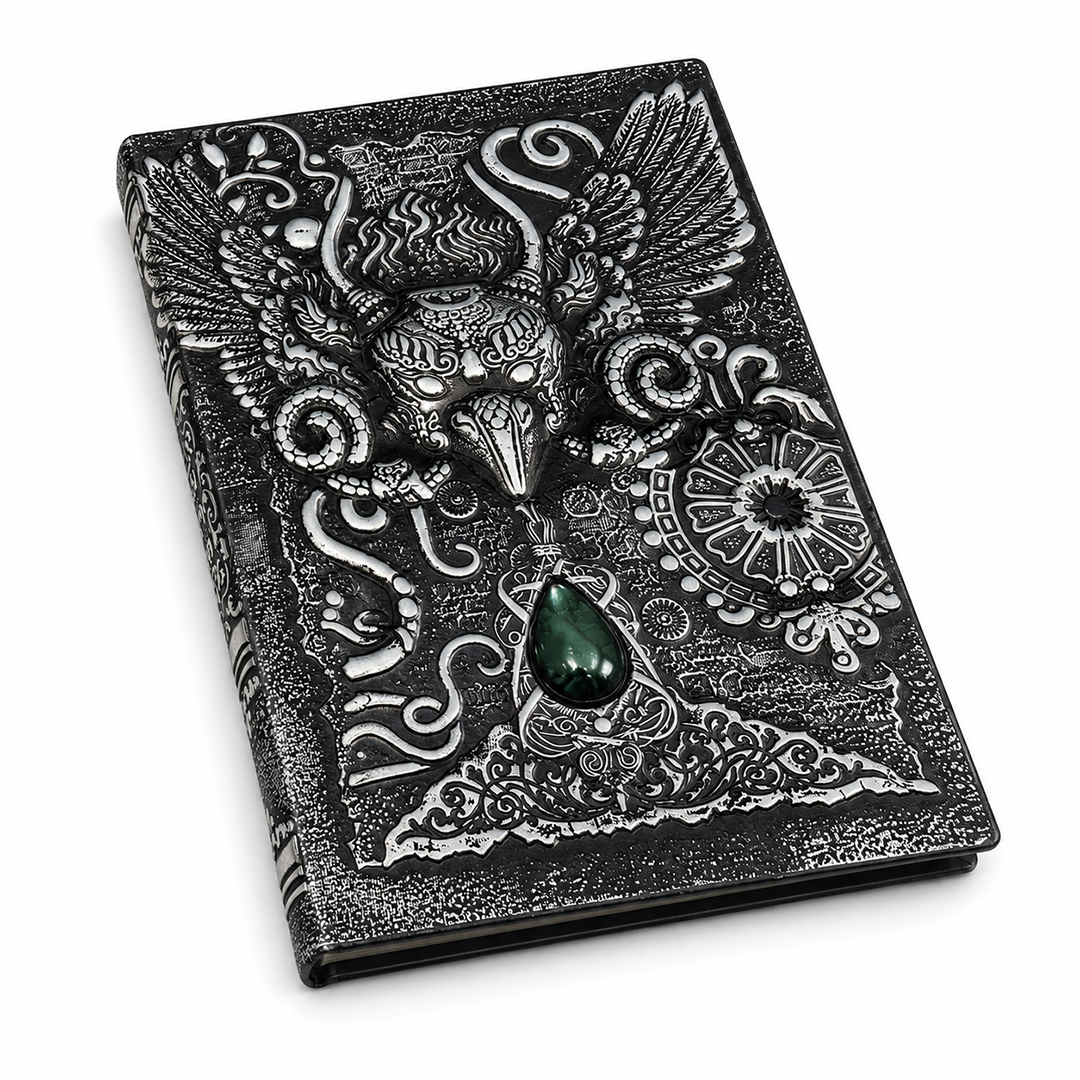 The Owl Head Silver with Blue Gem 3D Embossed Vintage Leather Journal Notebook (Limited Edition)