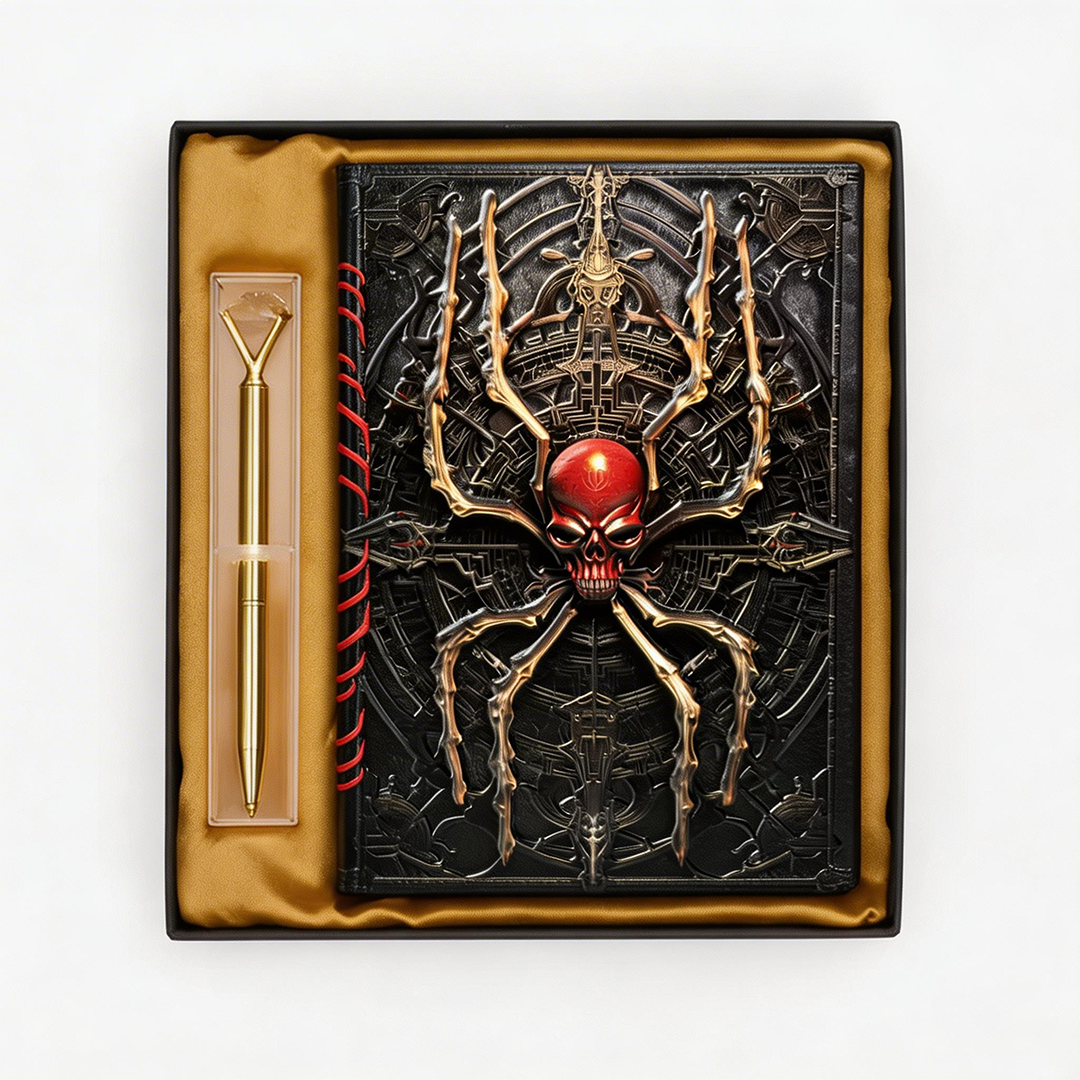 Crimson Arachnis – Web Spider 3D Embossed Vintage Leather Journal Notebook with Golden Diamond Ball Pen (Limited Edition)