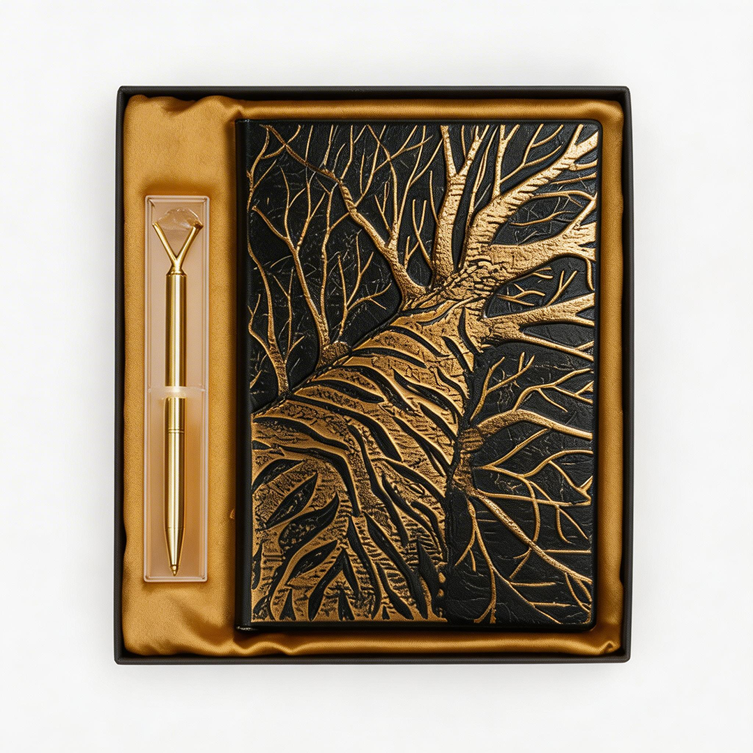 Tree Arbor – Crimson Root Edition 3D Embossed Vintage Leather Journal Notebook with Golden Diamond Ball Pen (Limited Edition)