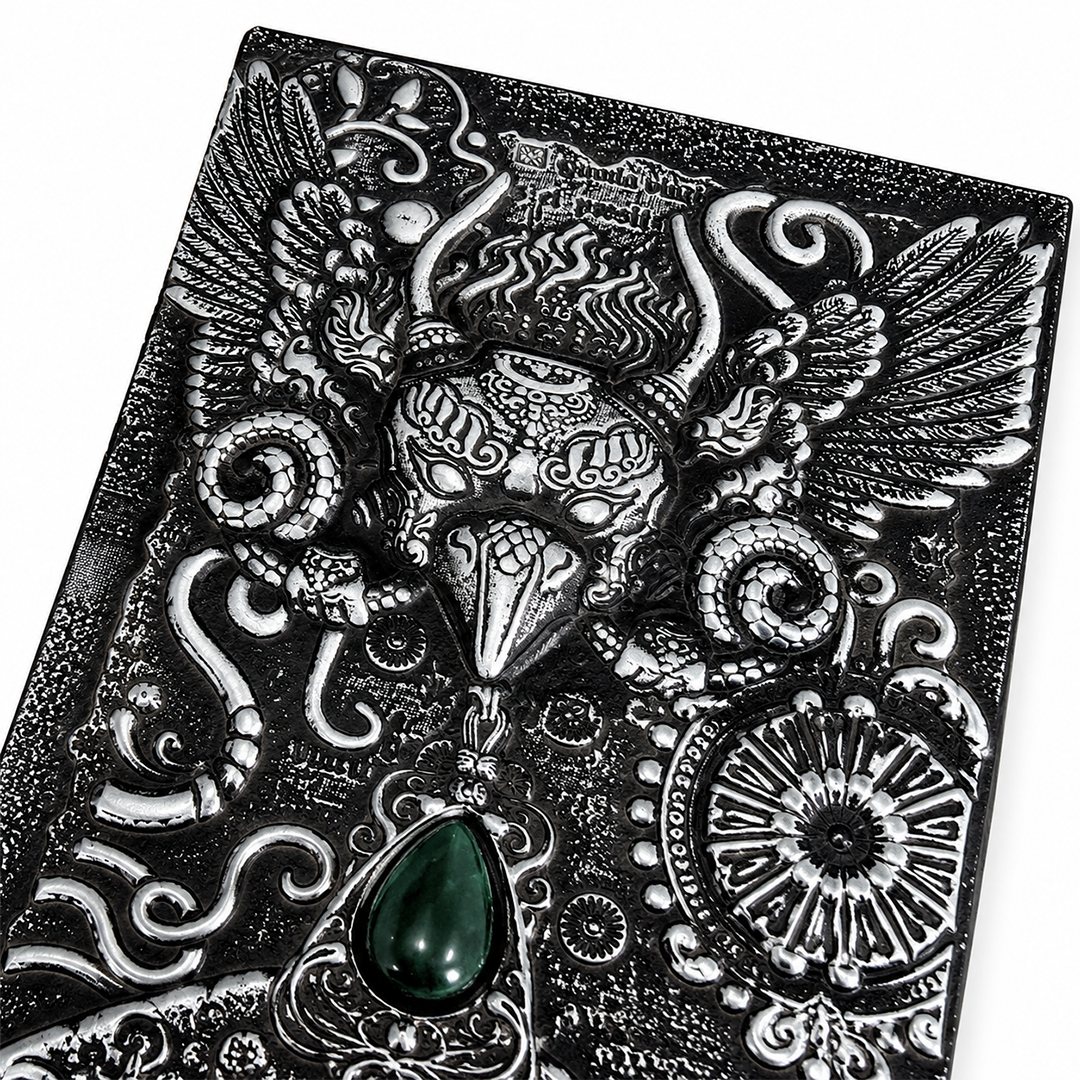 The Owl Head Silver with Blue Gem 3D Embossed Vintage Leather Journal Notebook (Limited Edition)