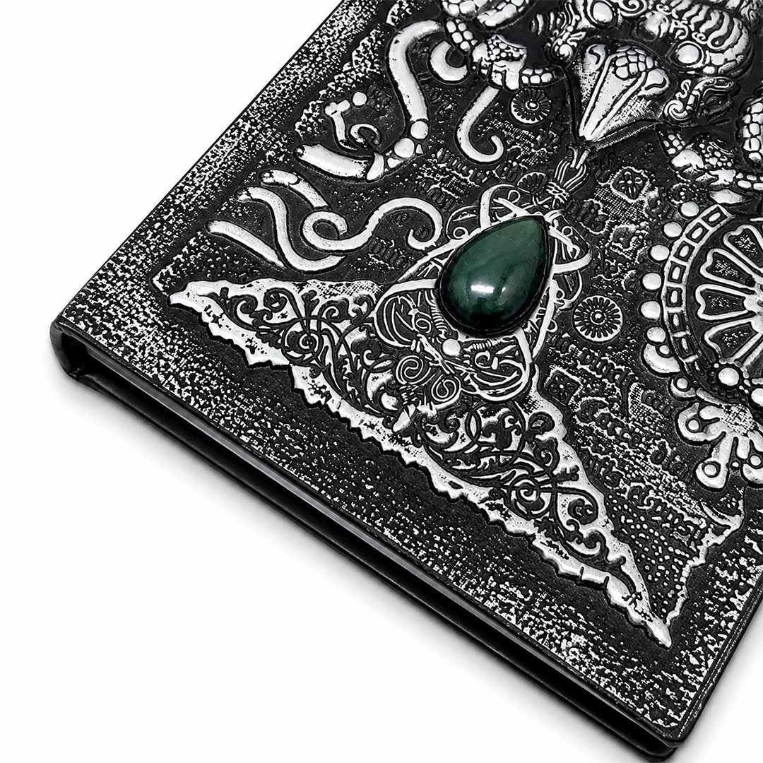 The Owl Head Silver with Blue Gem 3D Embossed Vintage Leather Journal Notebook (Limited Edition)