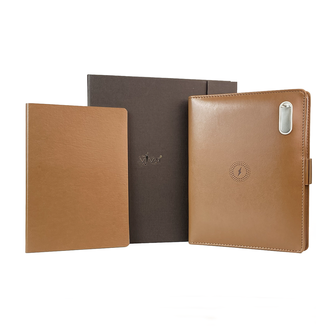 Next Gen - Smart Wireless Charging 8000 mAh Powerbank Notebook with 16 GB Pendrive - (Free Name Personalisation) - Tan
