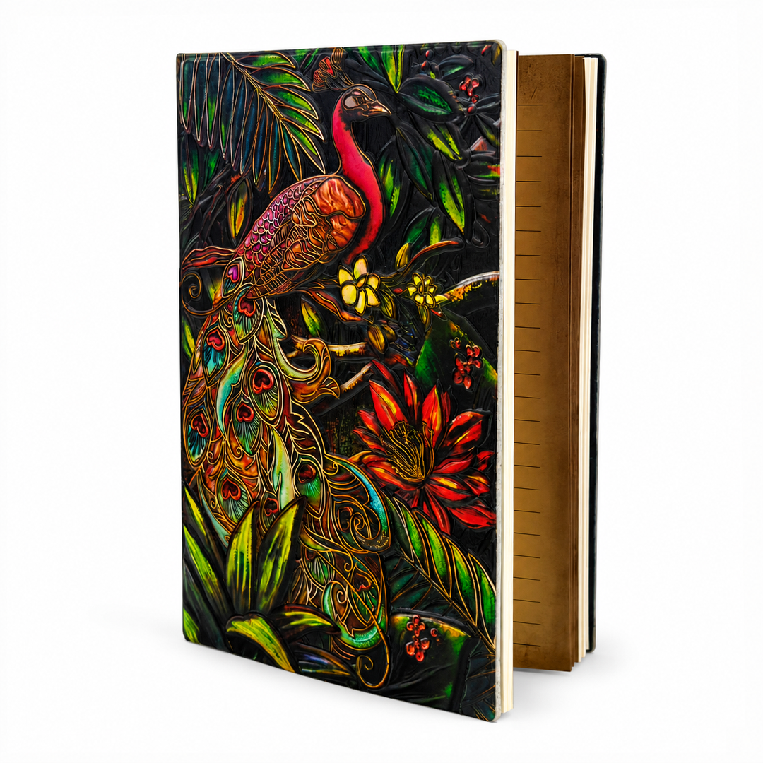 Majestic Plumage Colorful Peacock 3D Embossed Vintage Leather Journal Notebook (Limited Edition)
