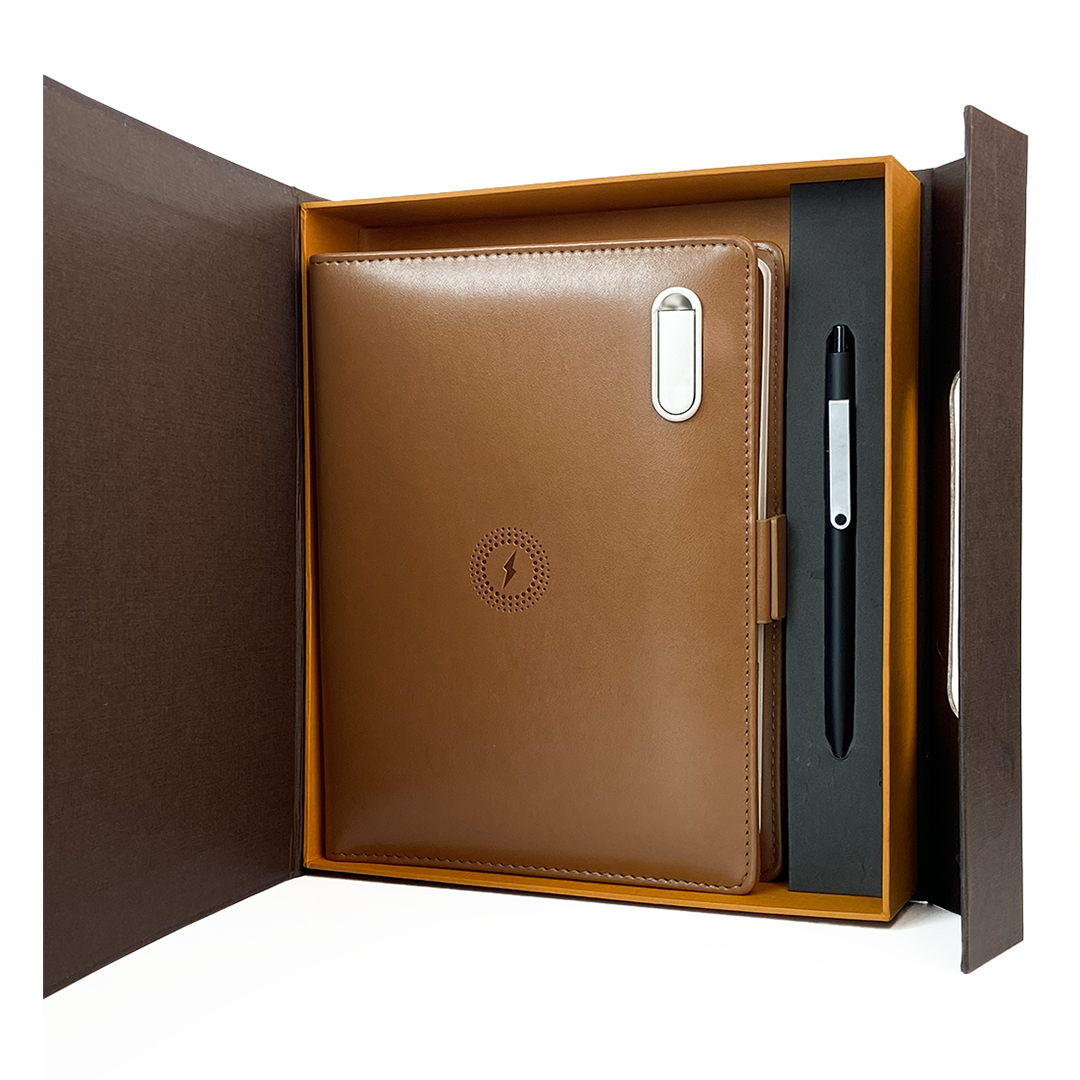 Next Gen - Smart Wireless Charging 8000 mAh Powerbank Notebook with 16 GB Pendrive - (Free Name Personalisation) - Tan