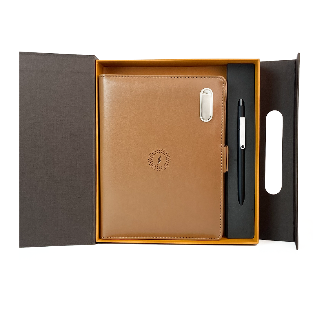 Next Gen - Smart Wireless Charging 8000 mAh Powerbank Notebook with 16 GB Pendrive - (Free Name Personalisation) - Tan