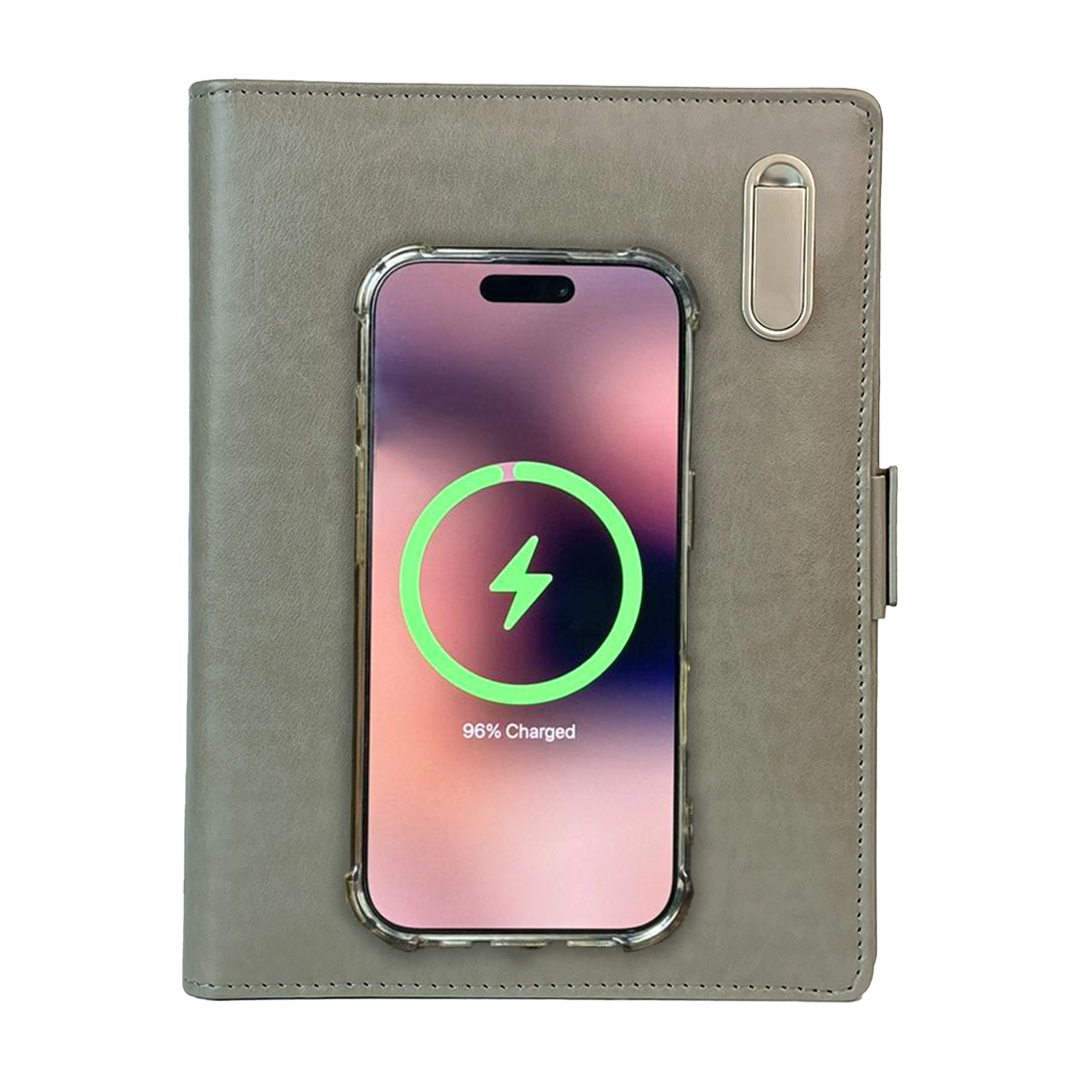 Next Gen - Smart Wireless Charging 8000 mAh Powerbank Notebook with 16 GB Pendrive - (Free Name Personalisation) - Grey