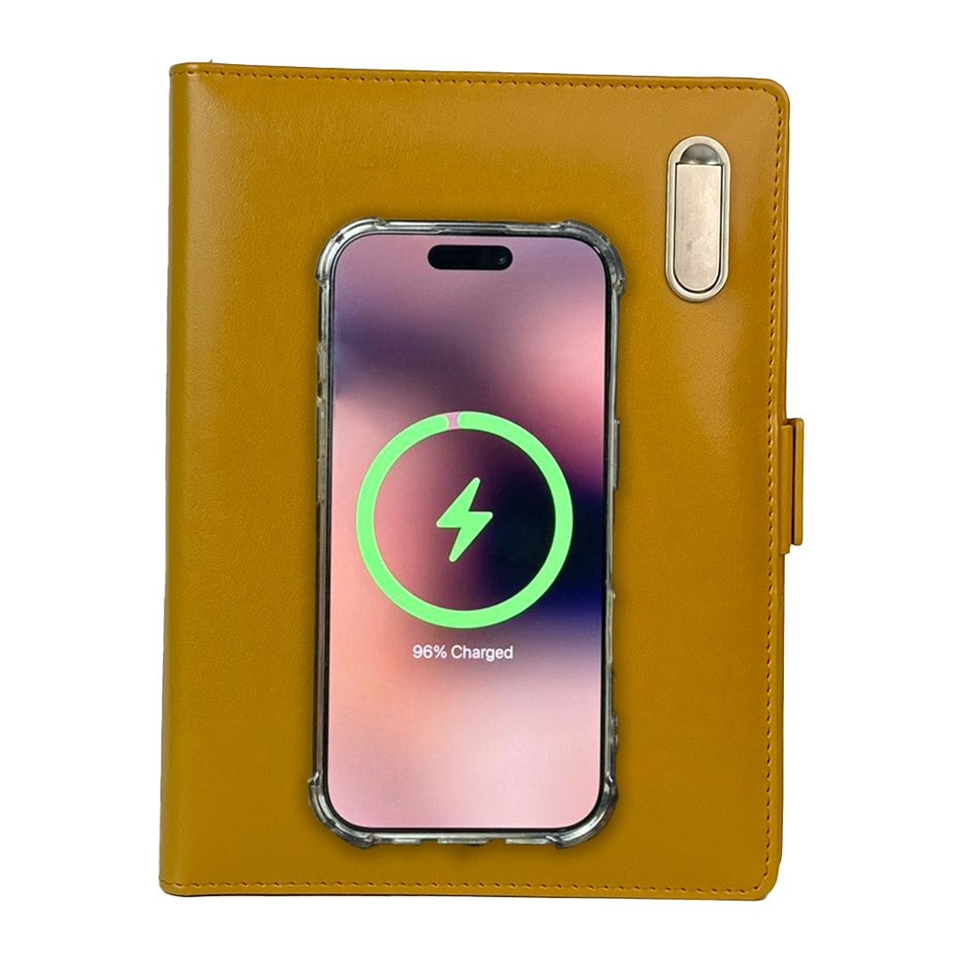 Next Gen - Smart Wireless Charging 8000 mAh Powerbank Notebook with 16 GB Pendrive - (Free Name Personalisation) - Mustard Yellow