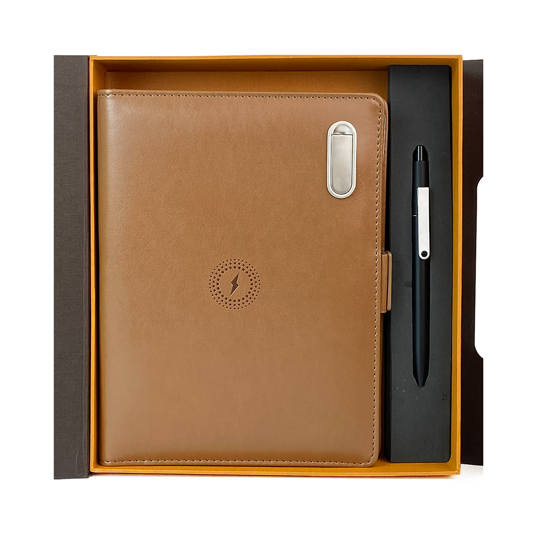 Next Gen - Smart Wireless Charging 8000 mAh Powerbank Notebook with 16 GB Pendrive - (Free Name Personalisation) - Tan