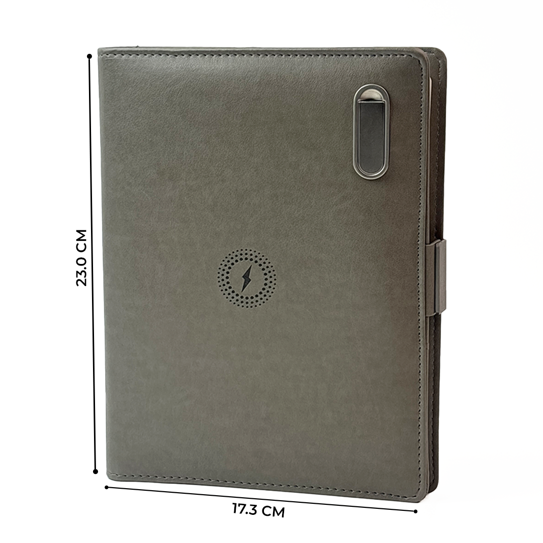 Next Gen - Smart Wireless Charging 8000 mAh Powerbank Notebook with 16 GB Pendrive - (Free Name Personalisation) - Grey